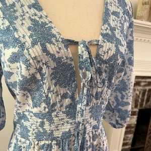 Blue Toile Cotton Dress Illusion neckline